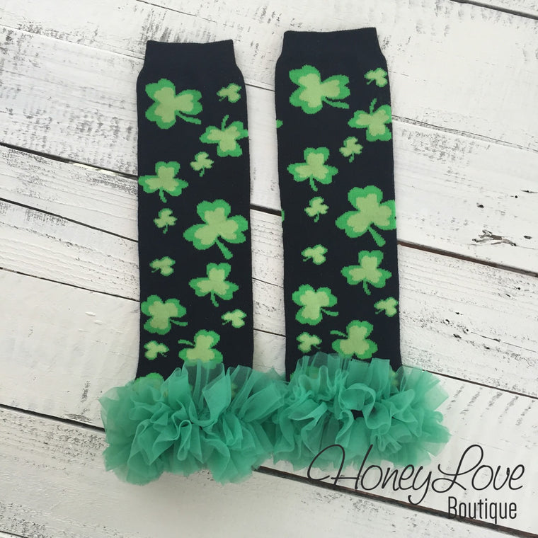 St. Patrick's Day Green/Black Shamrock leg warmers with green ruffles - HoneyLoveBoutique