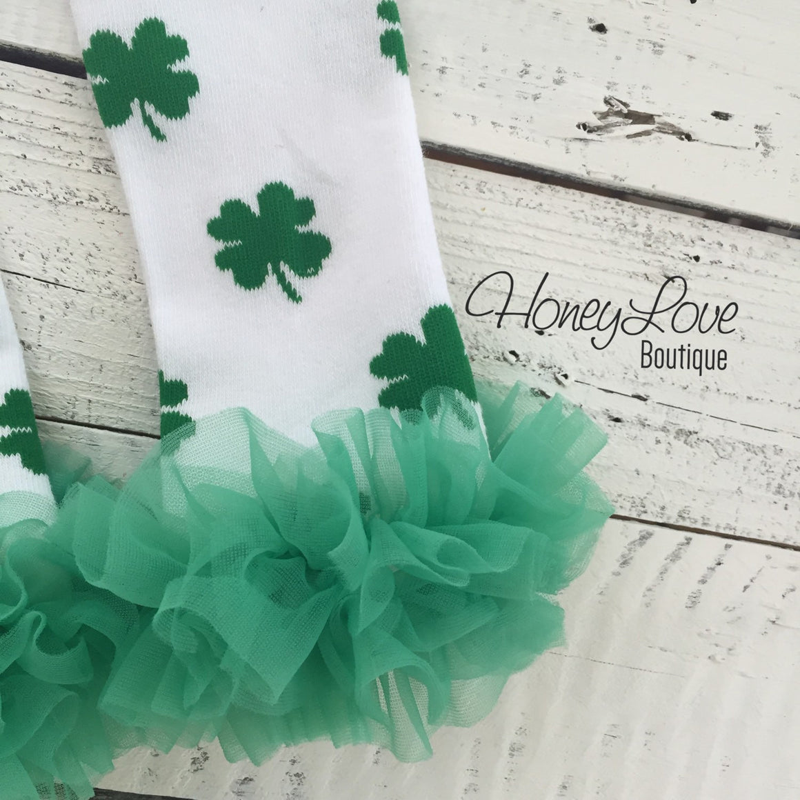 St. Patrick's Day Shamrock leg warmers with green ruffles - HoneyLoveBoutique