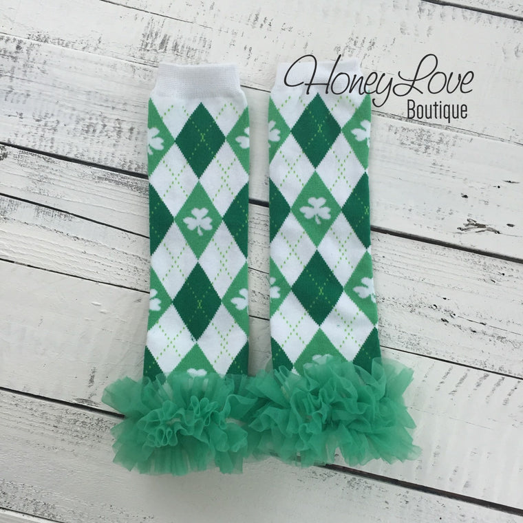 St. Patrick's Day Green/White/Argyle Shamrock leg warmers with green ruffles - HoneyLoveBoutique