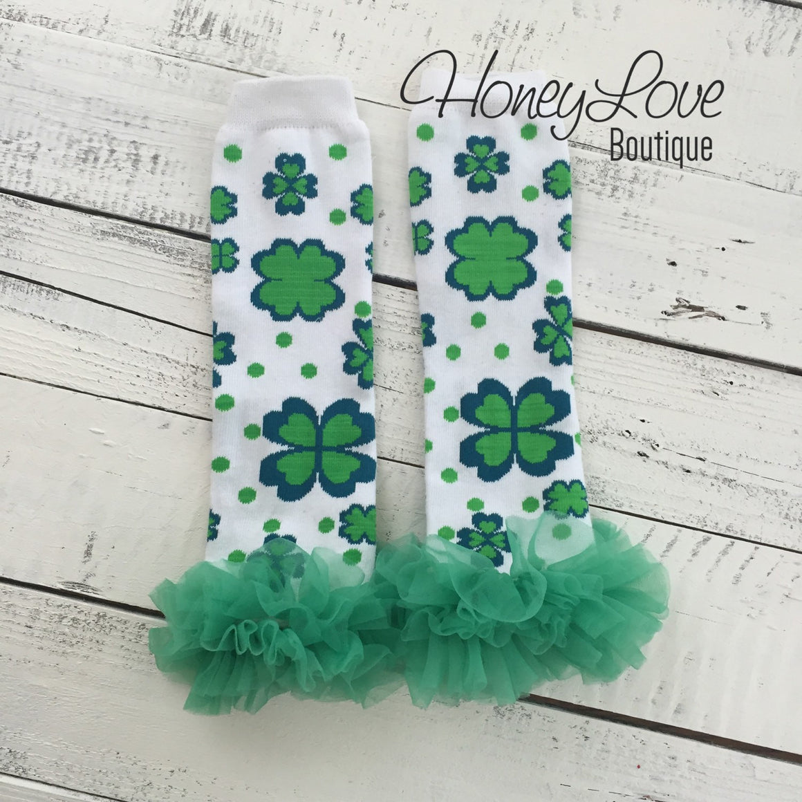 St. Patrick's Day Green/Navy Shamrock leg warmers with green ruffles - HoneyLoveBoutique