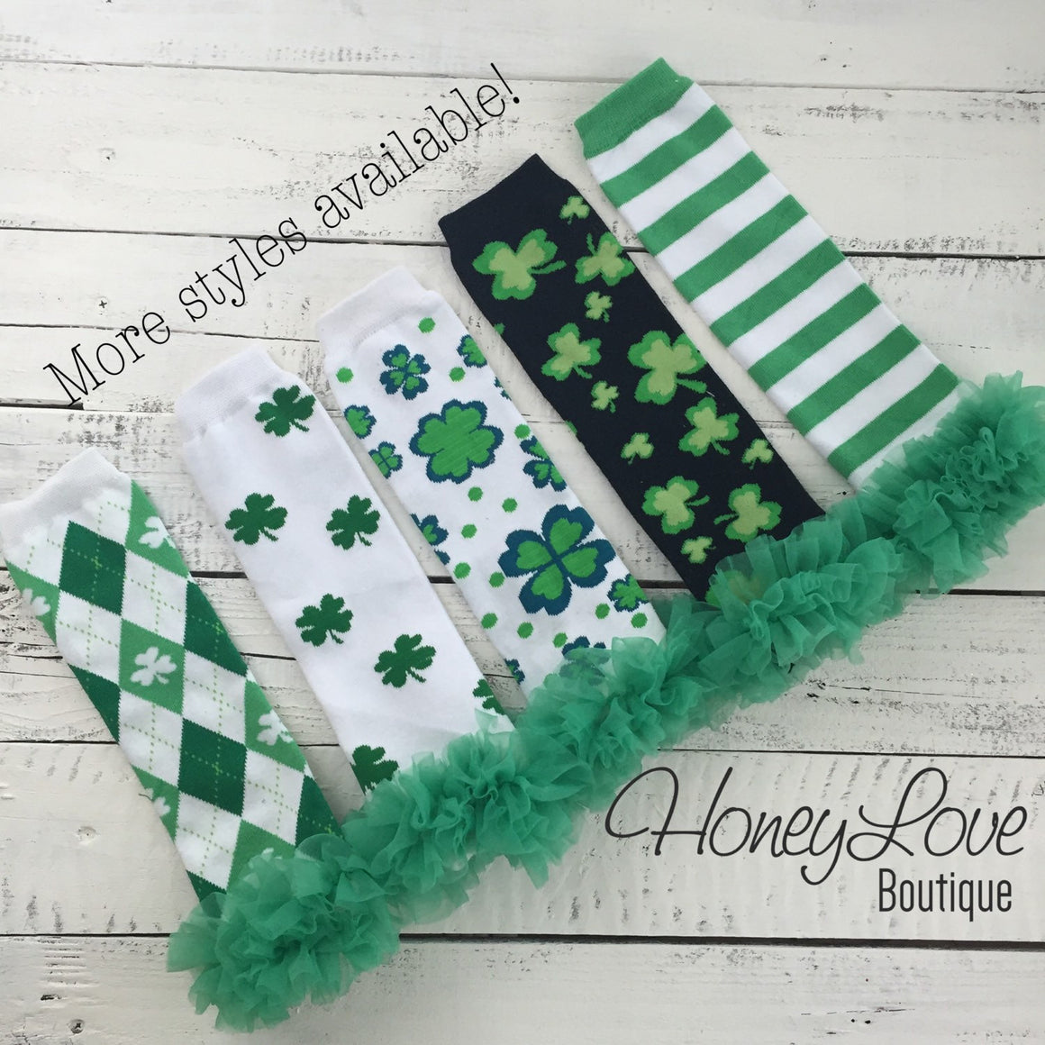 St. Patrick's Day Green/Navy Shamrock leg warmers with green ruffles - HoneyLoveBoutique