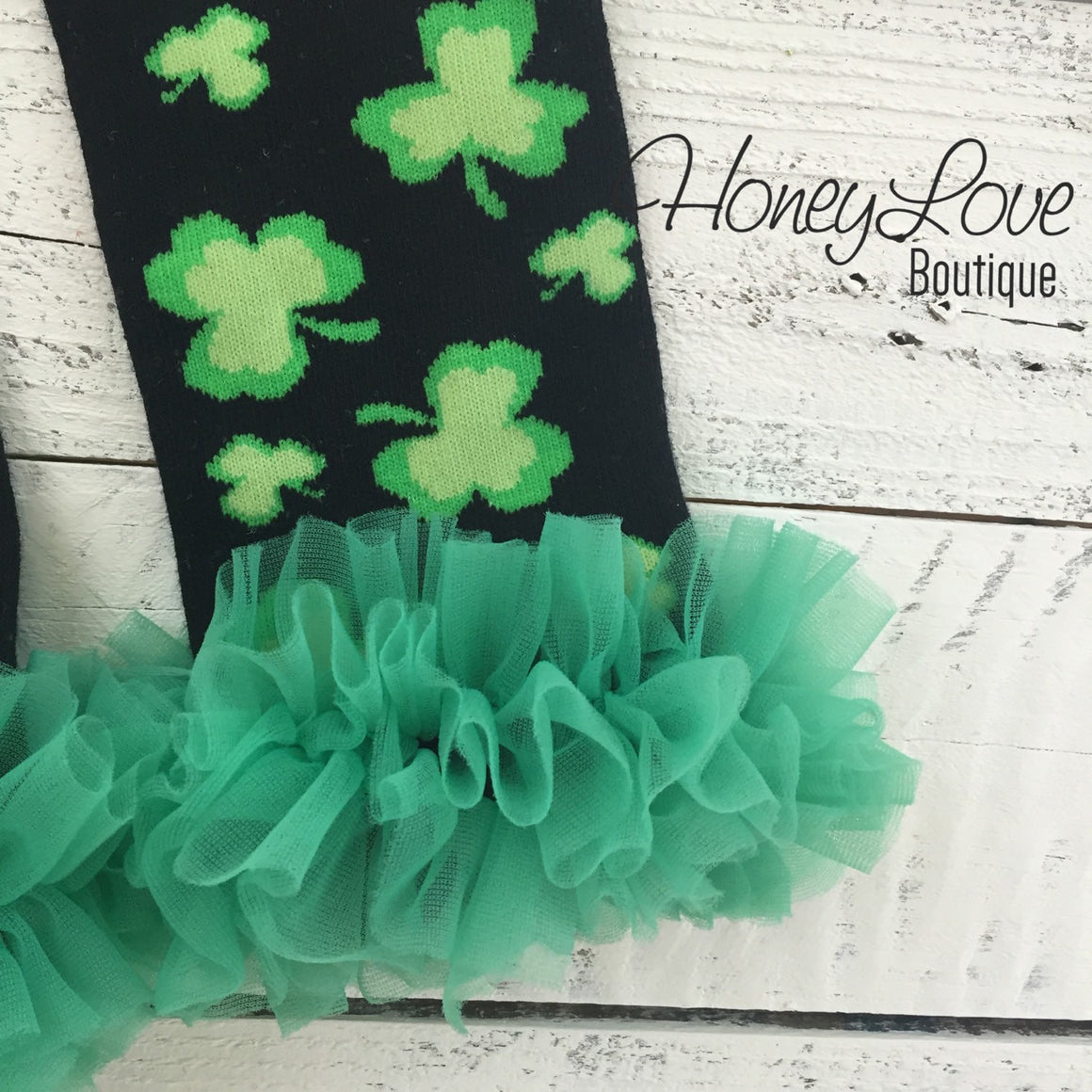 St. Patrick's Day Green/Black Shamrock leg warmers with green ruffles - HoneyLoveBoutique