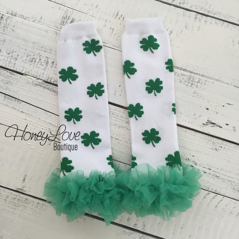 St. Patrick's Day Shamrock leg warmers with green ruffles - HoneyLoveBoutique