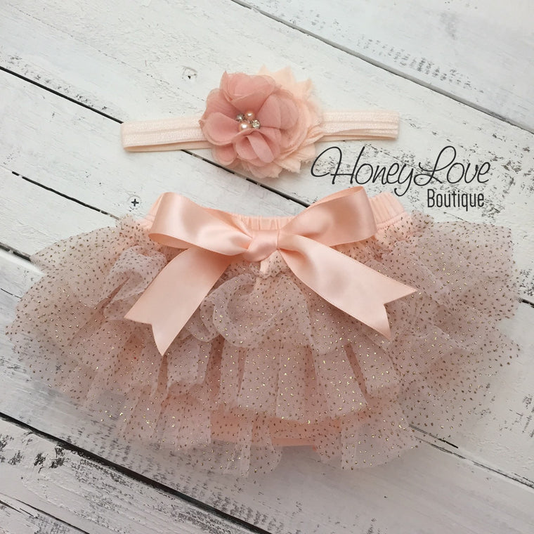 Peach and gold glitter tutu skirt bloomer with matching headband - HoneyLoveBoutique