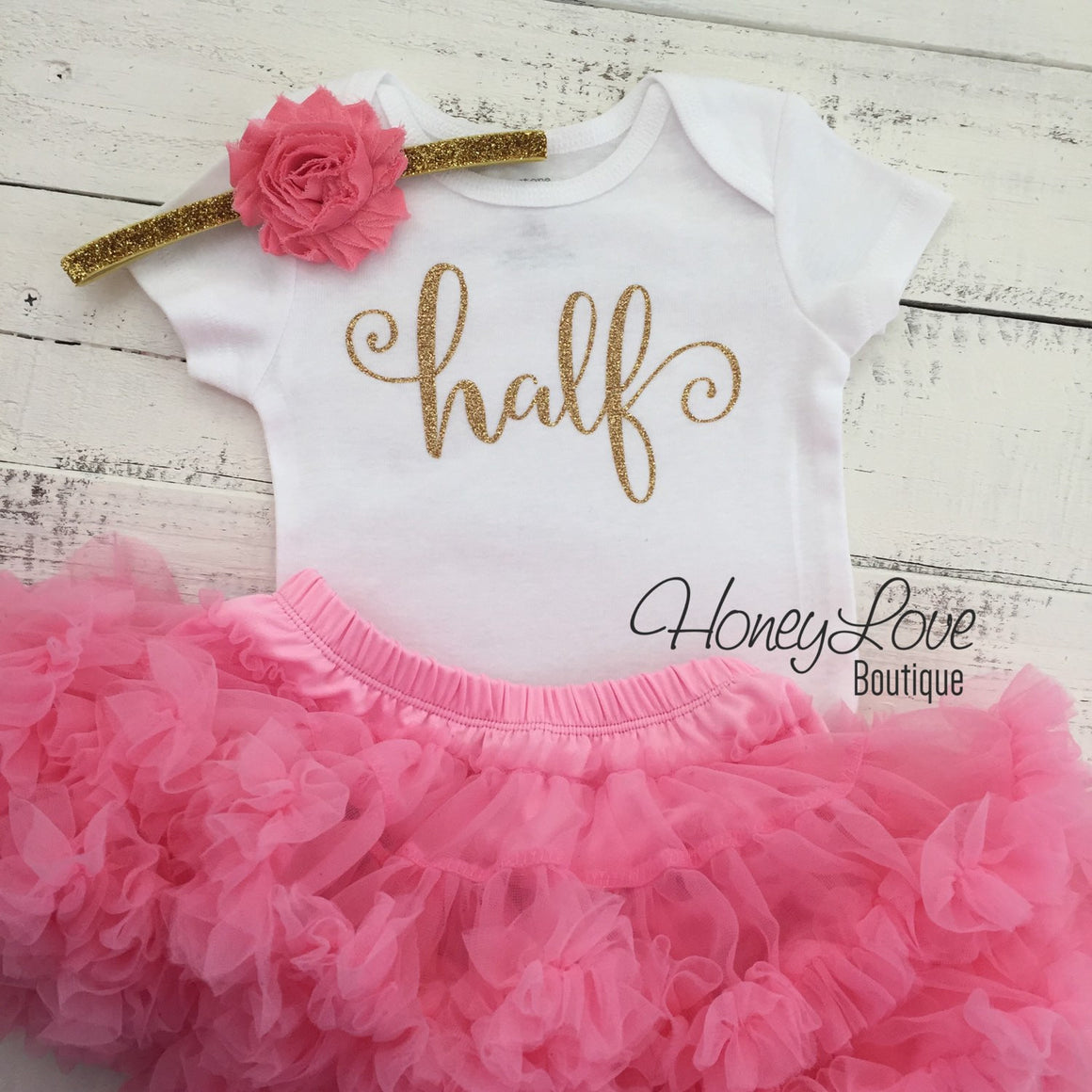 Half Birthday Outfit - Gold Glitter and Coral Pink Pettiskirt - HoneyLoveBoutique