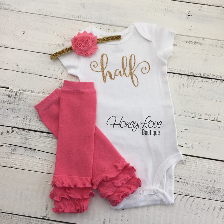 Half Birthday Outfit - Gold Glitter and Coral Pink Leg Warmers - HoneyLoveBoutique