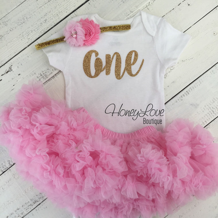 One - Birthday Outfit - Gold or Silver with light pink - HoneyLoveBoutique