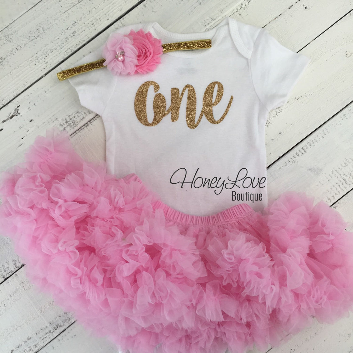 One - Birthday Outfit - Gold or Silver with light pink - HoneyLoveBoutique