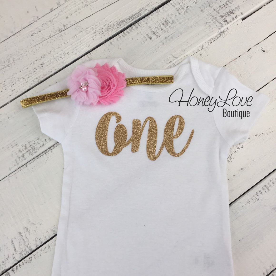 One - Birthday Outfit - Gold or Silver with light pink - HoneyLoveBoutique