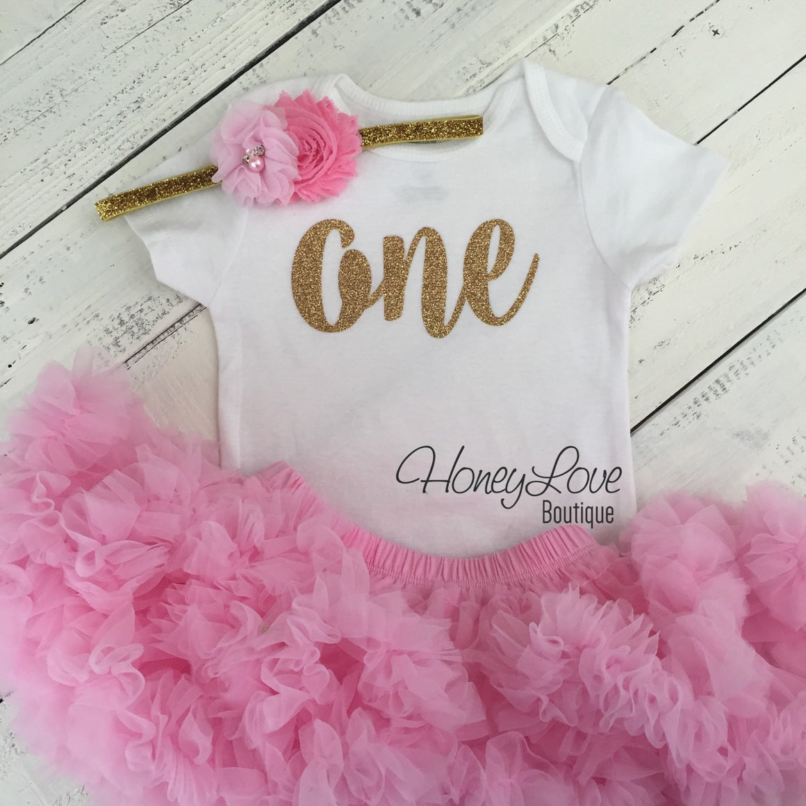 One - Birthday Outfit - Gold or Silver with light pink - HoneyLoveBoutique