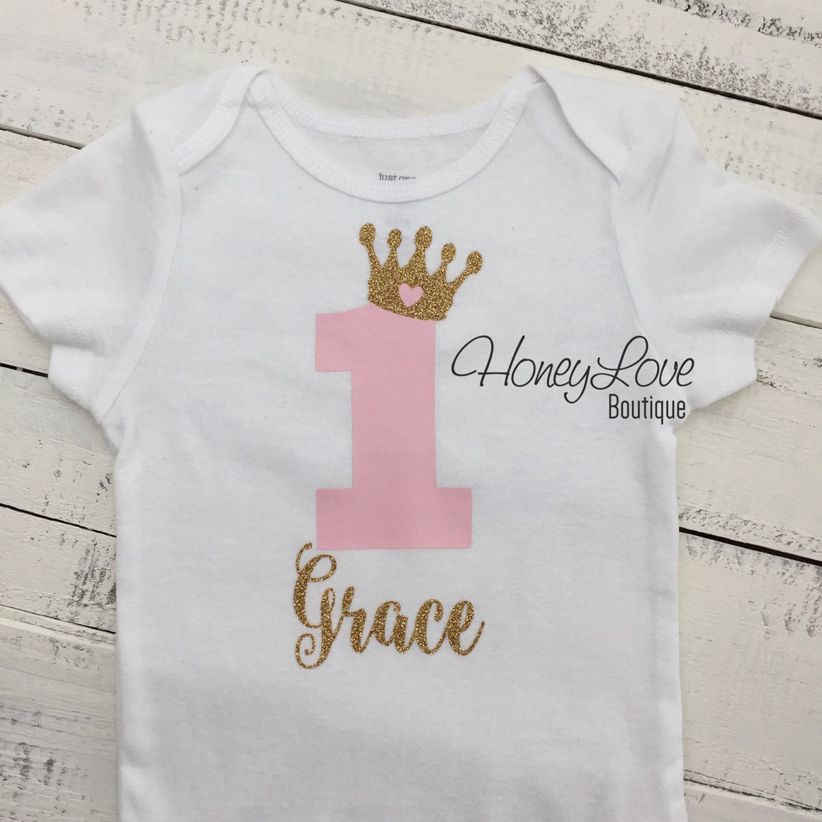 Personalized First Birthday Princess Bodysuit - Light Pink and Gold glitter - HoneyLoveBoutique