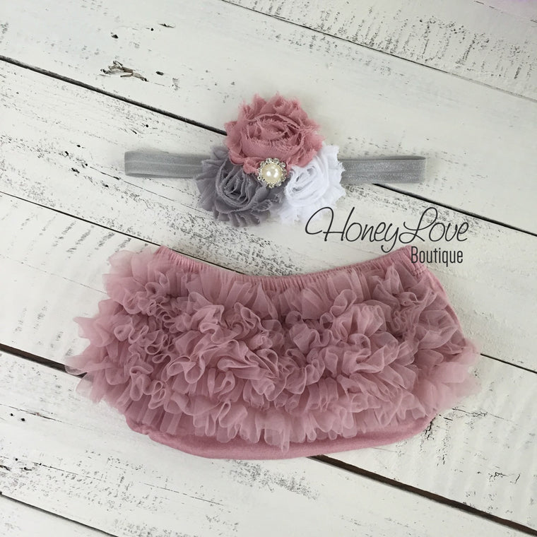 Vintage Pink ruffle bottom bloomers and pearl rhinestone flower headband - HoneyLoveBoutique