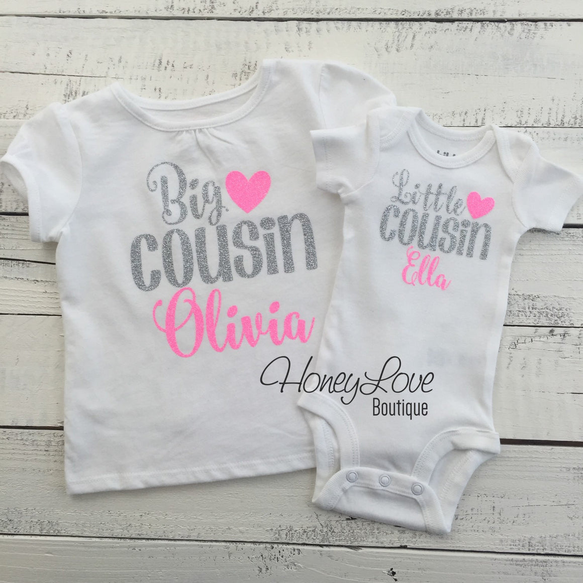 PERSONALIZED Cousin Bodysuits and Shirts - Silver Glitter and Neon Pink Glitter - HoneyLoveBoutique