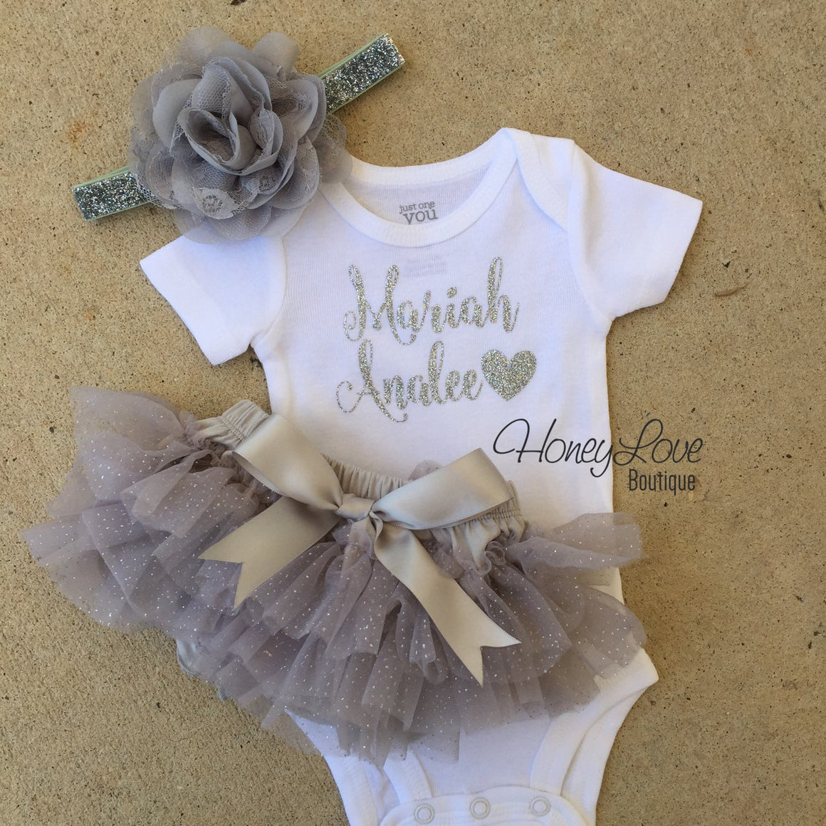 Personalized Name Outfit - Gray and Silver Glitter - HoneyLoveBoutique