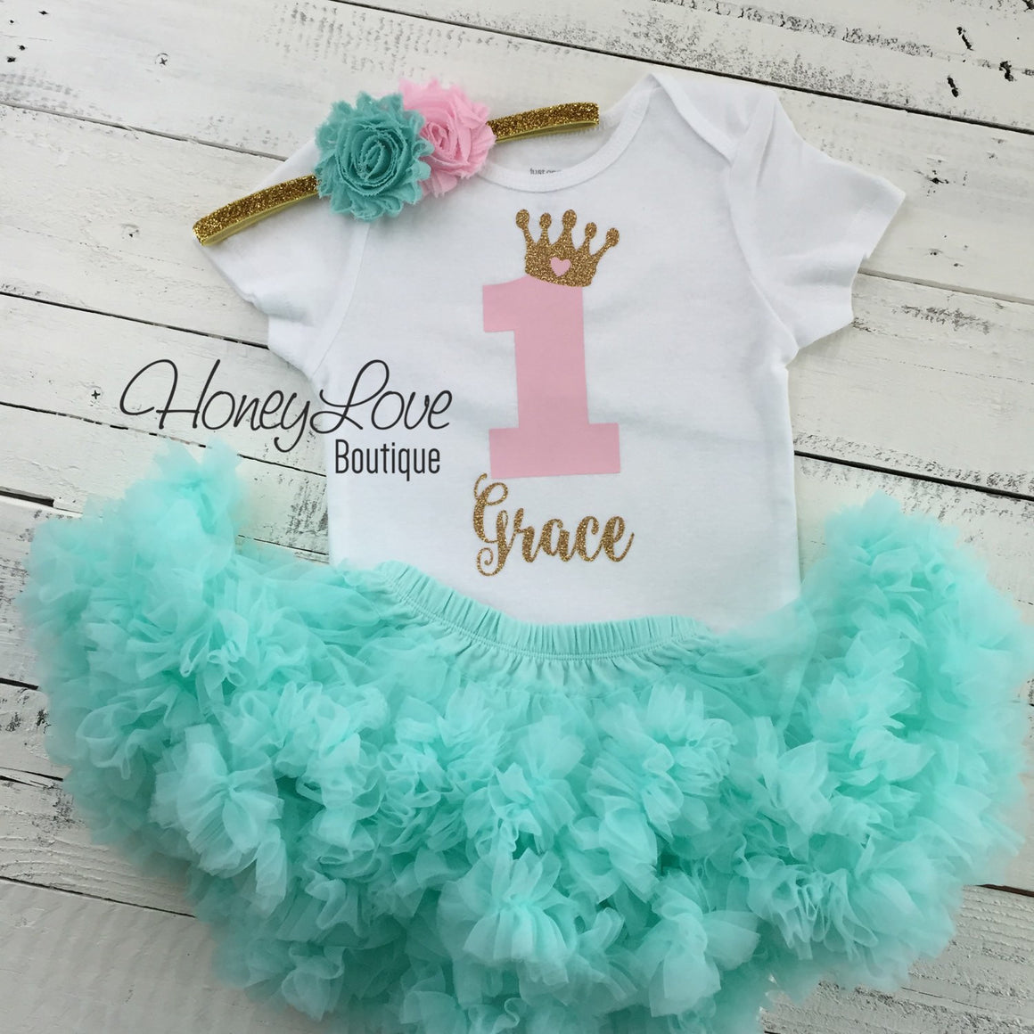 Personalized 1st Birthday Princess Outfit - Gold Glitter, Light Pink and Mint/Aqua - HoneyLoveBoutique