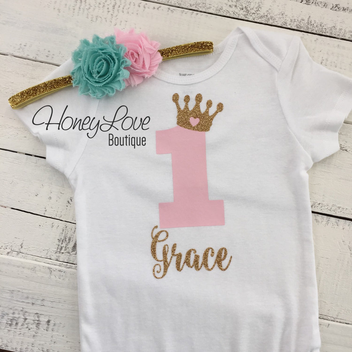 Personalized 1st Birthday Princess Outfit - Gold Glitter, Light Pink and Mint/Aqua - HoneyLoveBoutique