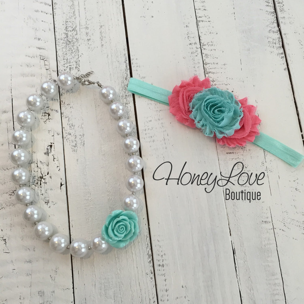 Lace Petti Romper - Coral and Aqua - optional necklace and headband - HoneyLoveBoutique