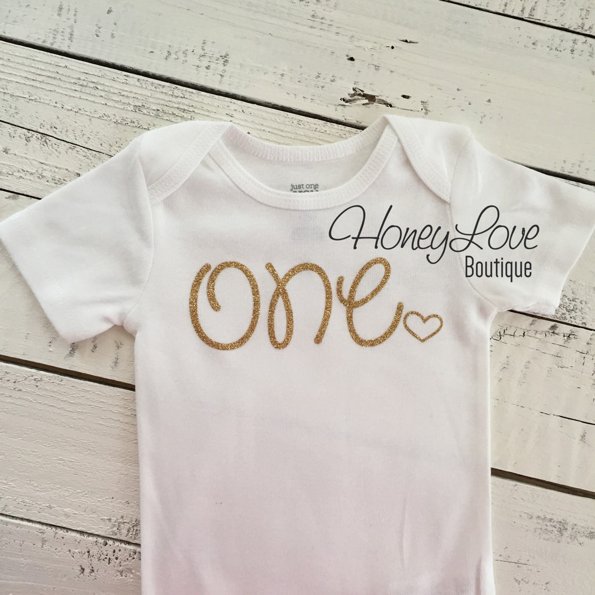 One - SILVER or GOLD glitter bodysuit with heart - HoneyLoveBoutique