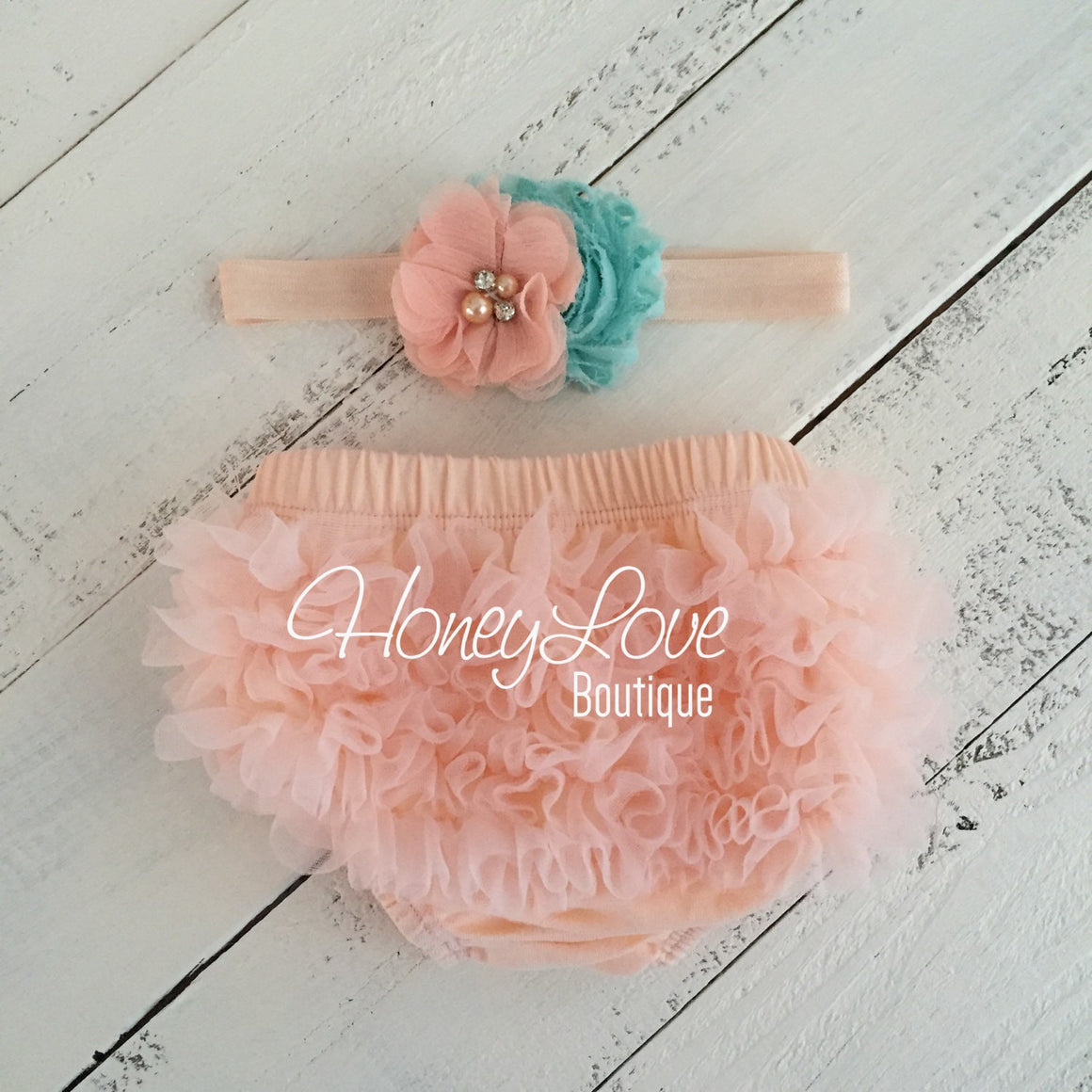 Peach ruffle bottom bloomers - mint/aqua and peach headband - HoneyLoveBoutique