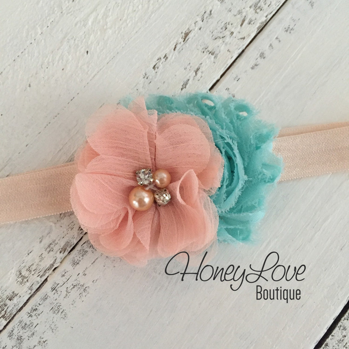 Peach ruffle bottom bloomers - mint/aqua and peach headband - HoneyLoveBoutique