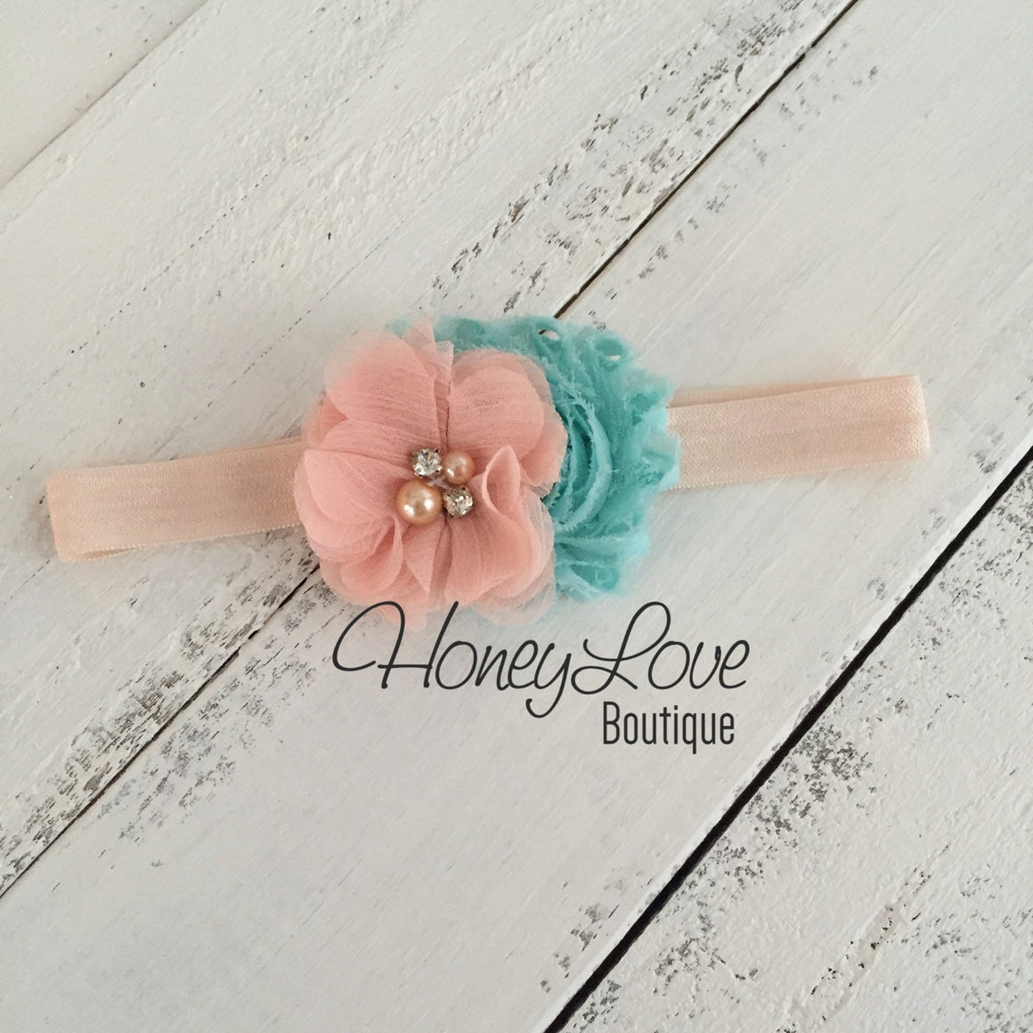 Peach ruffle bottom bloomers - mint/aqua and peach headband - HoneyLoveBoutique