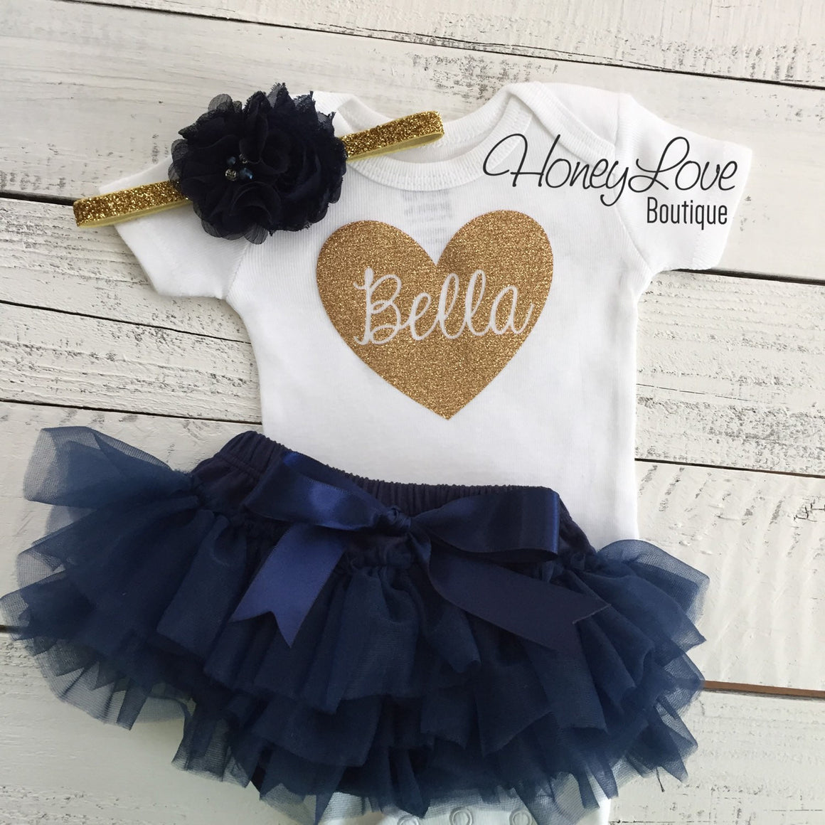 PERSONALIZED Name inside Heart - Gold glitter and Navy Blue - HoneyLoveBoutique