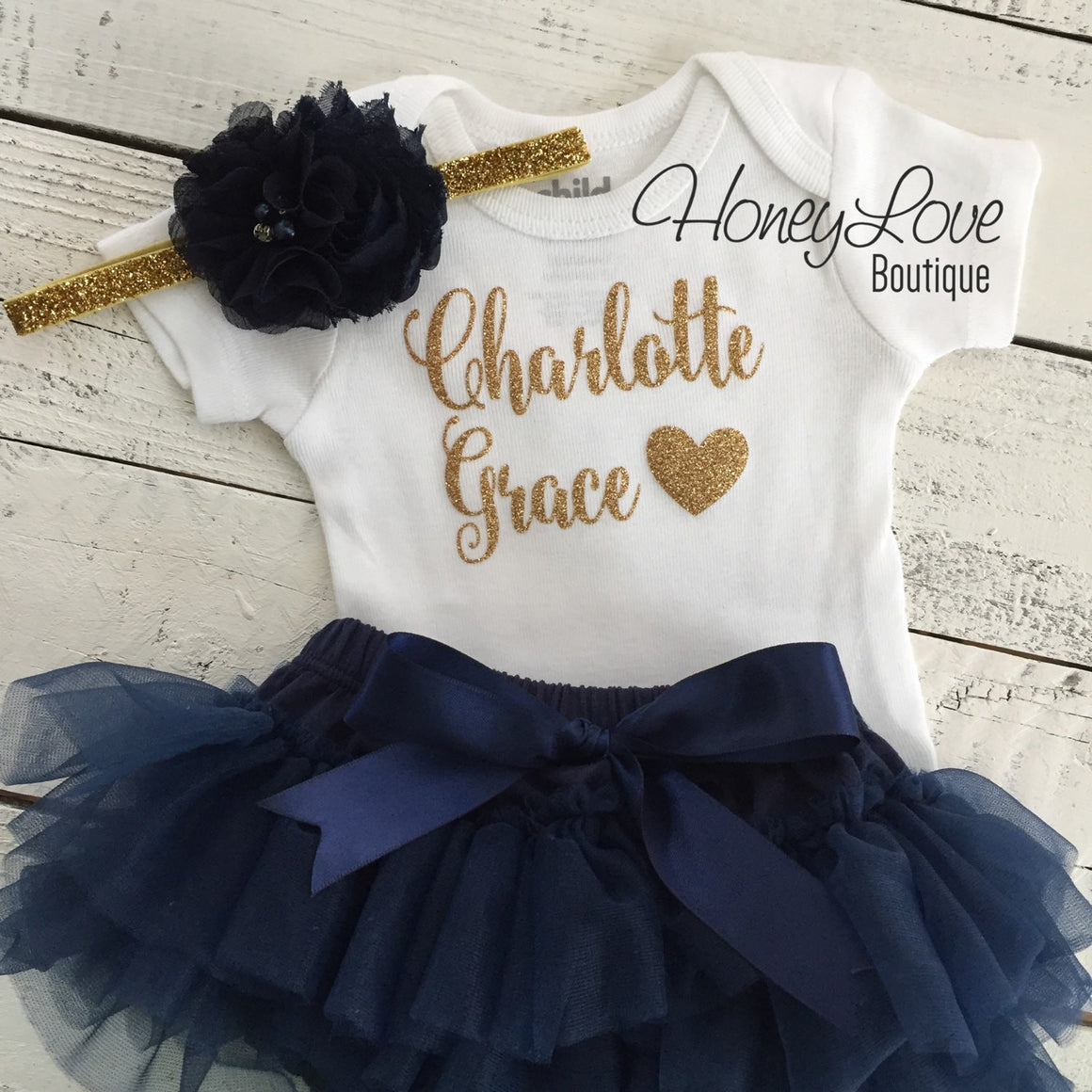 PERSONALIZED Name Outfit - Gold Glitter and Navy - HoneyLoveBoutique