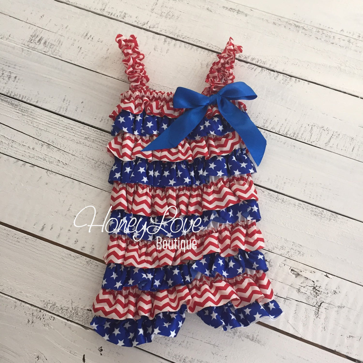 Satin & Lace Petti Romper - Patriotic, Stars - Red, White and Blue - with flower embellishment - HoneyLoveBoutique