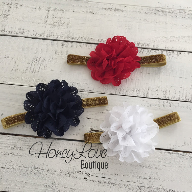 Red White or Navy Blue Lace Eyelet Flower - Silver/Gold headband - HoneyLoveBoutique