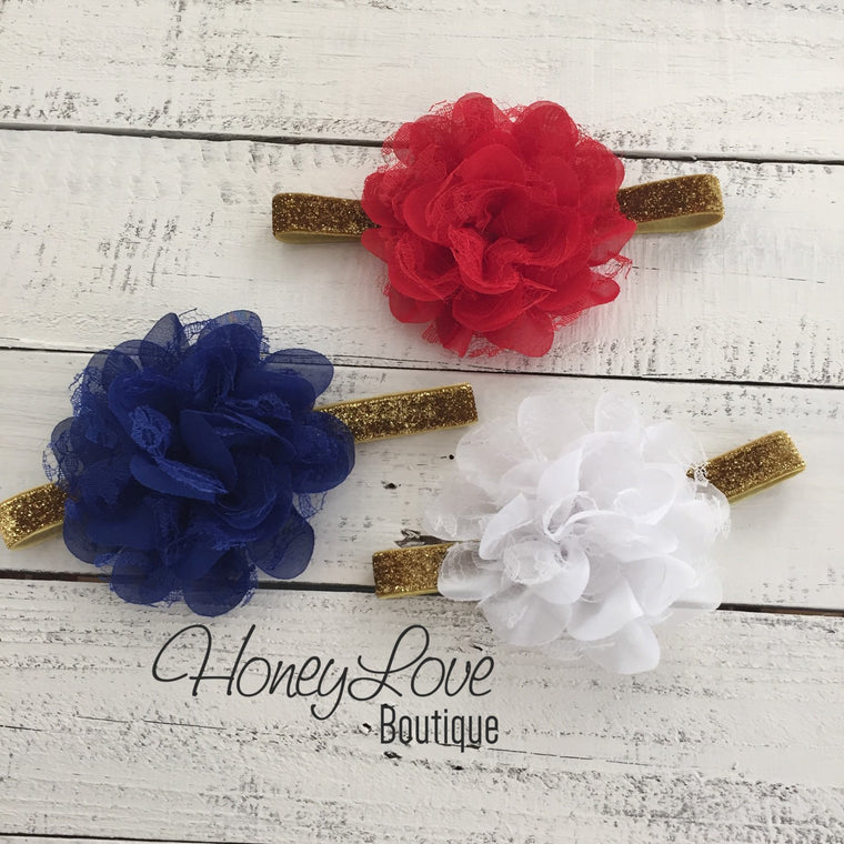 Red White or Blue Lace Layered Flower - Silver/Gold headband - HoneyLoveBoutique