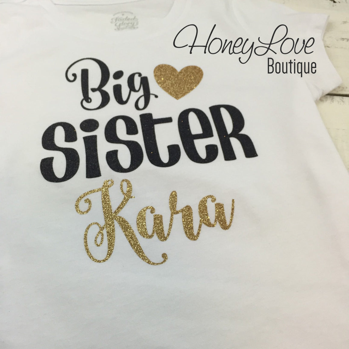 PERSONALIZED Sister Bodysuits and Shirts - Gold Glitter and Black - HoneyLoveBoutique