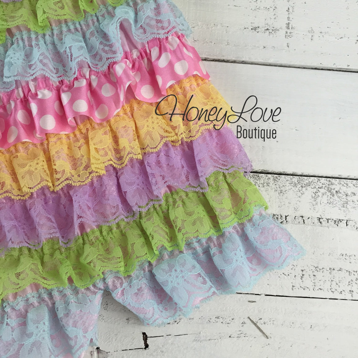 Satin & Lace Petti Romper - Easter Pastels - with lavender flower embellishment - HoneyLoveBoutique