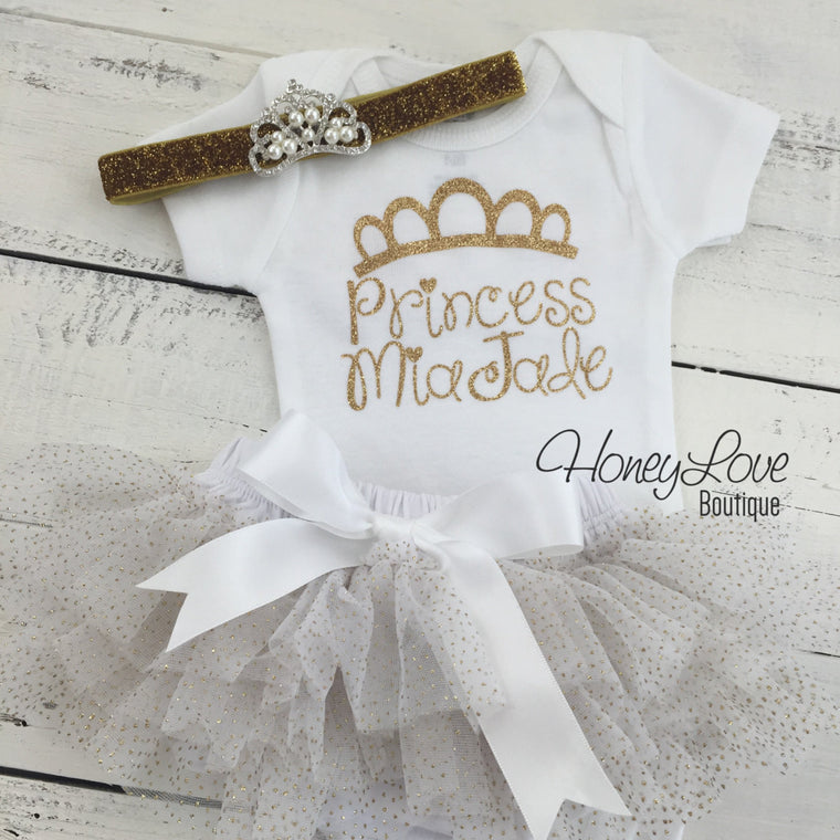 Personalized Princess name outfit - Gold Glitter and Gold/White tutu skirt bloomers - HoneyLoveBoutique