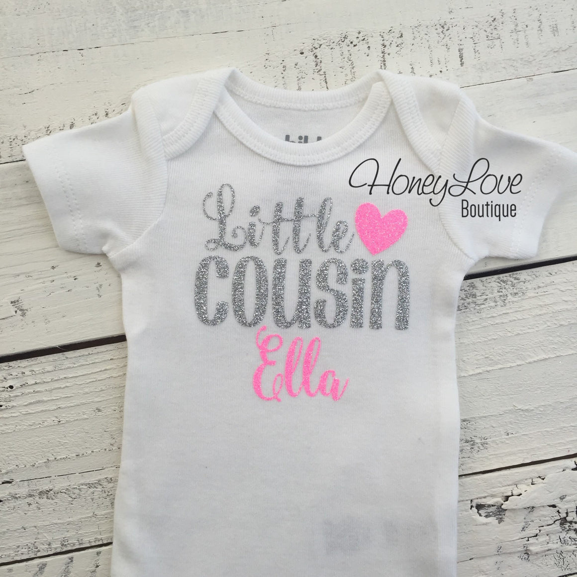 PERSONALIZED Cousin Bodysuits and Shirts - Silver Glitter and Neon Pink Glitter - HoneyLoveBoutique