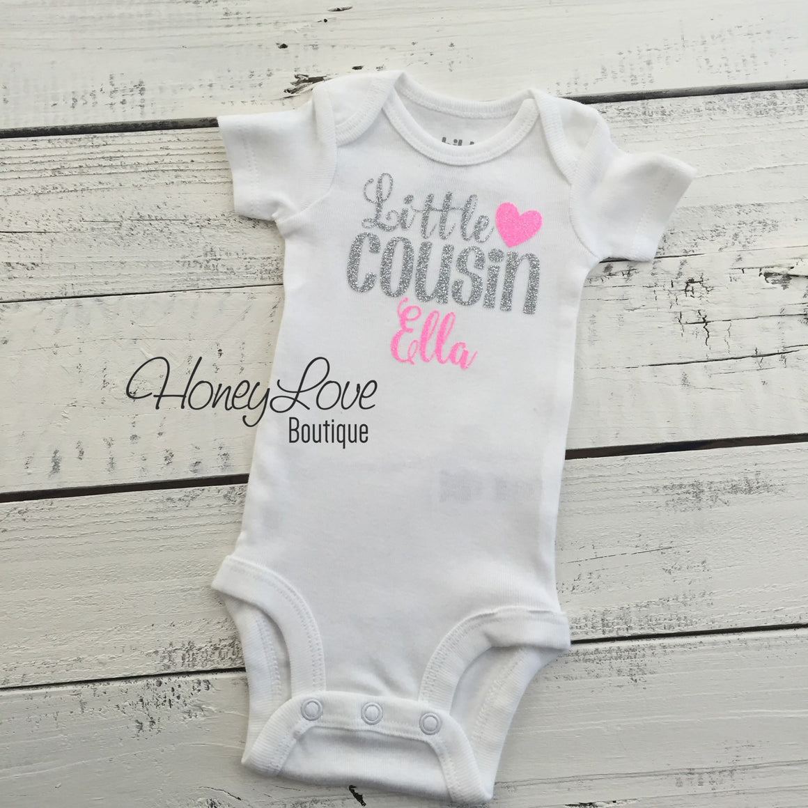 PERSONALIZED Cousin Bodysuits and Shirts - Silver Glitter and Neon Pink Glitter - HoneyLoveBoutique