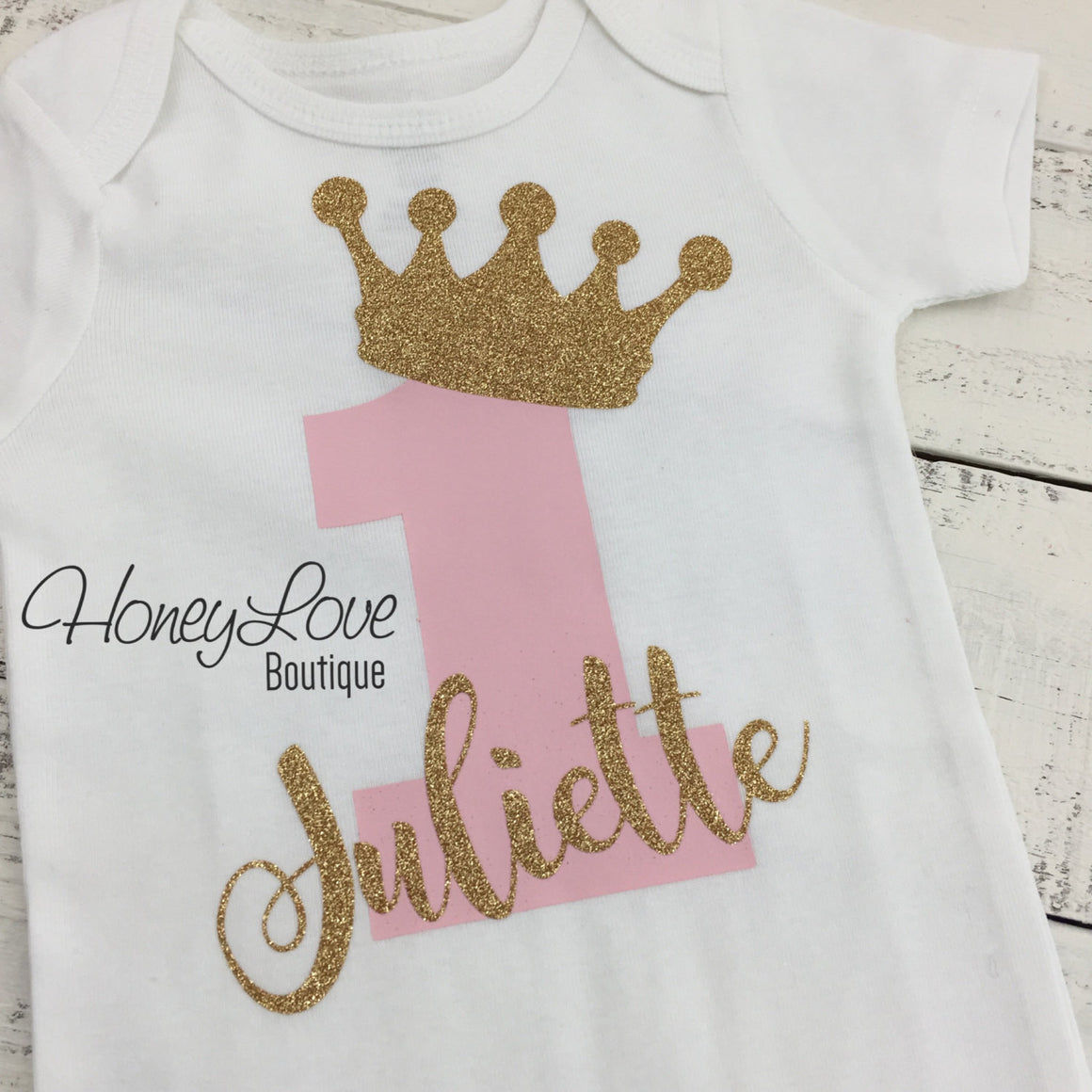 Personalized First Birthday Bodysuit - Gold glitter and Light Pink - HoneyLoveBoutique