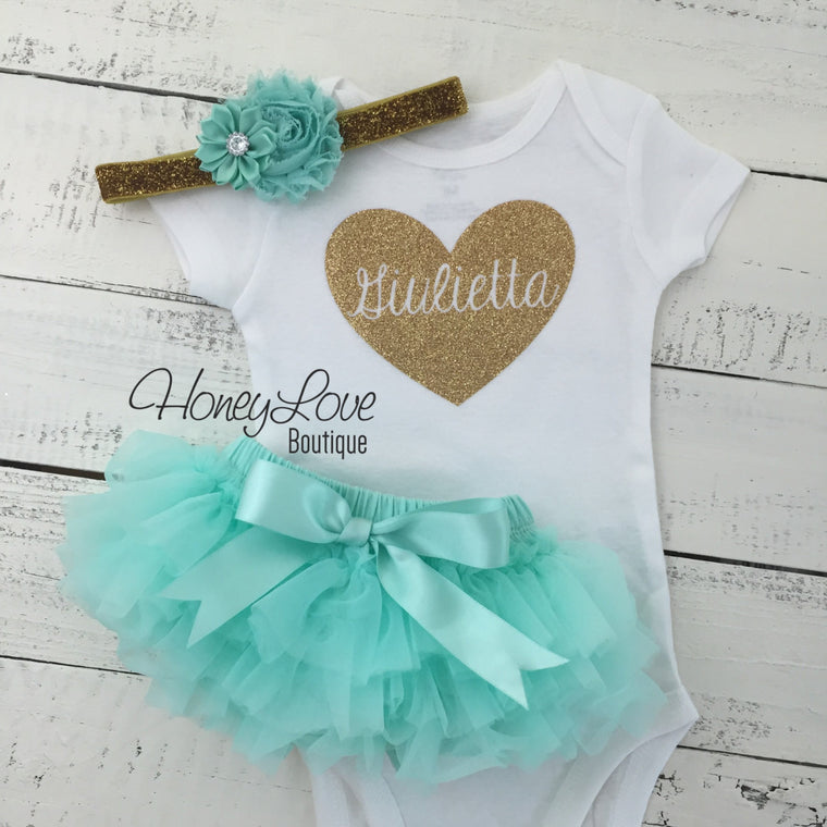 PERSONALIZED Name inside Heart - Gold/Silver Glitter and Mint/Aqua - HoneyLoveBoutique