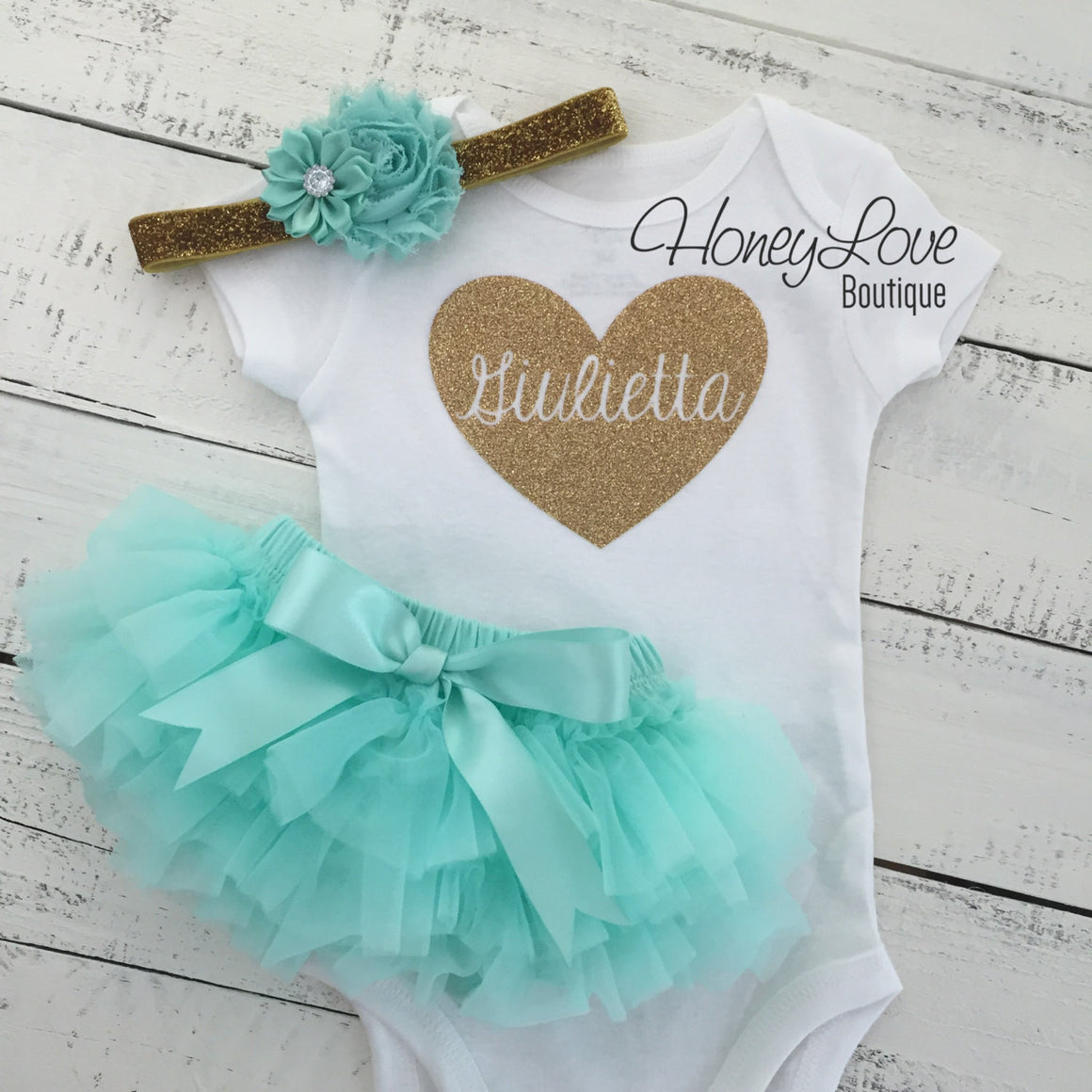 PERSONALIZED Name inside Heart - Gold/Silver Glitter and Mint/Aqua - HoneyLoveBoutique