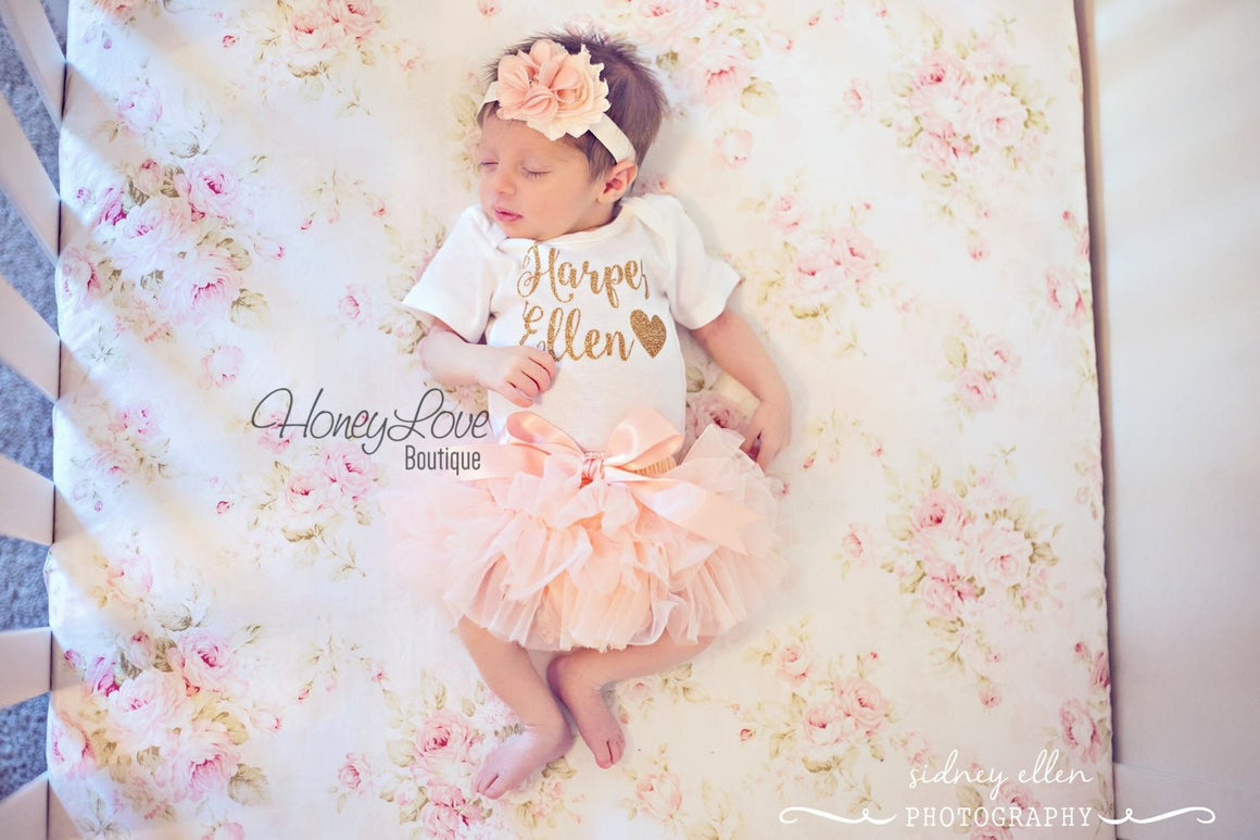 PERSONALIZED Name Outfit - Gold Glitter and Peach - HoneyLoveBoutique