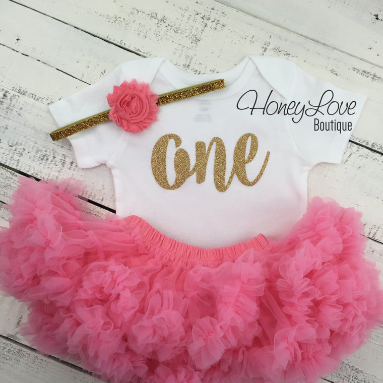 One - Birthday Outfit - Gold Glitter and Coral Pink - HoneyLoveBoutique