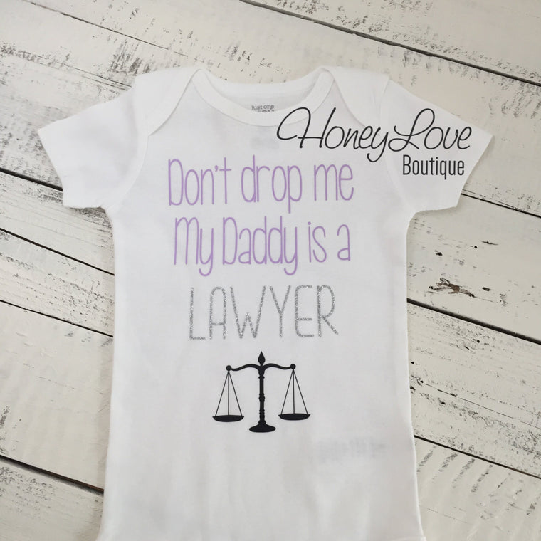 Don't drop me My Daddy is a LAWYER bodysuit - lavender, silver glitter and black - HoneyLoveBoutique