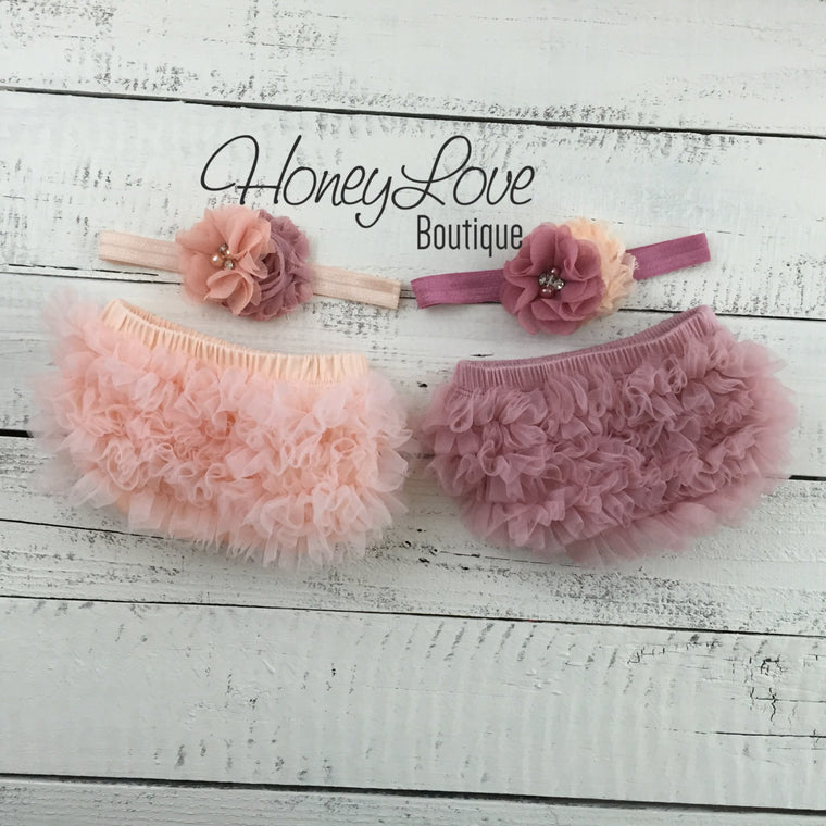 TWIN GIRLS! Peach and Vintage Pink ruffle bottom bloomers and matching headbands - HoneyLoveBoutique