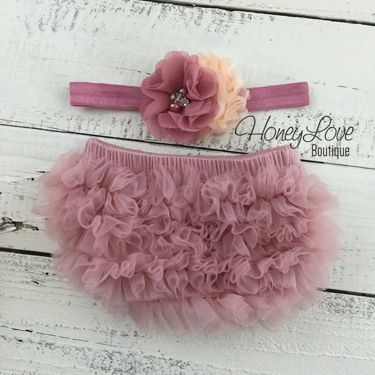 Vintage Pink ruffle bottom bloomers and vintage pink/peach flower headband - HoneyLoveBoutique