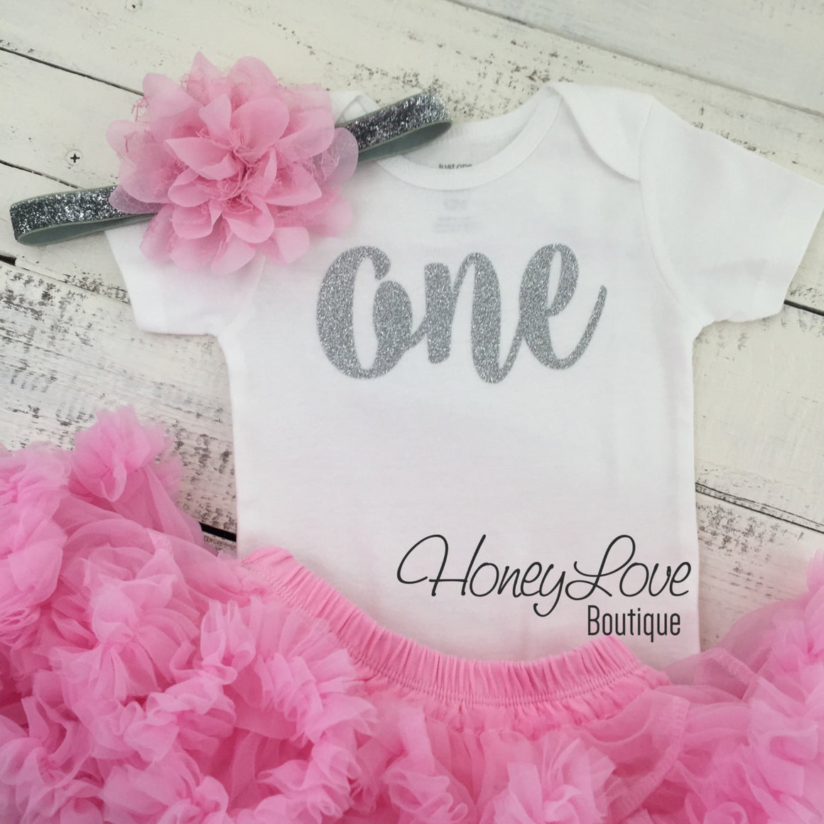 One - Birthday Outfit - Silver or Gold and light pink - HoneyLoveBoutique