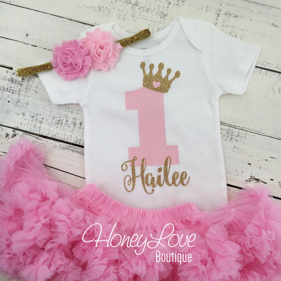 Personalized 1st Birthday Princess outfit - Gold Glitter and Light Pink - HoneyLoveBoutique