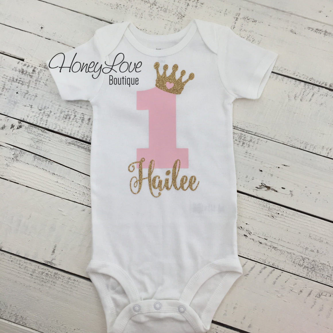 Personalized First Birthday Princess Bodysuit - Light Pink and Gold glitter - HoneyLoveBoutique