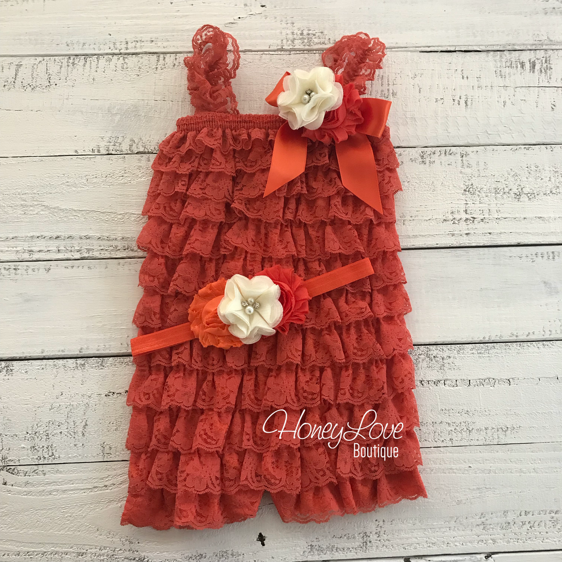 Lace Petti Romper - Embelished Orange romper and matching headband - HoneyLoveBoutique