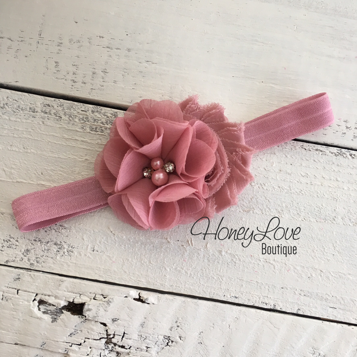 Vintage Pink shabby chiffon flower rhinestone/pearl headband - HoneyLoveBoutique