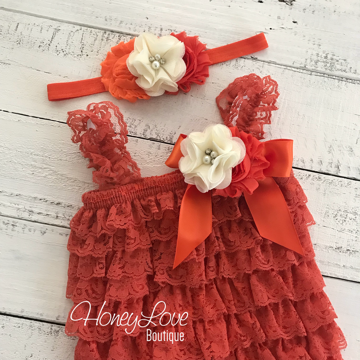 Lace Petti Romper - Embelished Orange romper and matching headband - HoneyLoveBoutique